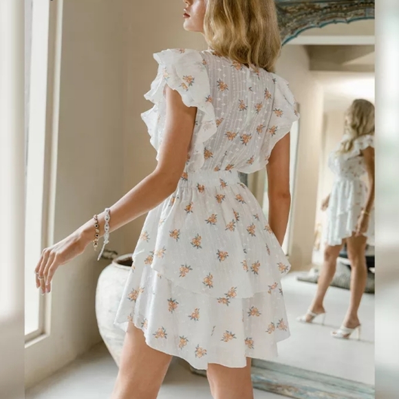 White Eyelet Embroidered Floral Flutter Sleeve Tiered Skirt Cotton Dress - Picture 4 of 16